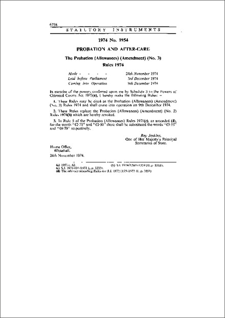 The Probation (Allowances) (Amendment) (No. 3) Rules 1974