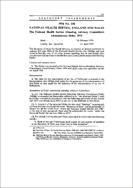 The National Health Service (Standing Advisory Committees) (Amendment) Order 1974