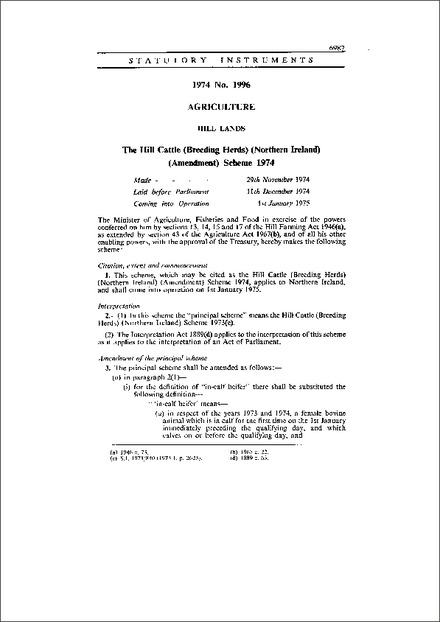 The Hill Cattle (Breeding Herds) (Northern Ireland) (Amendment) Scheme 1974
