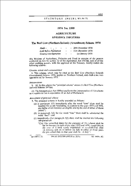 The Beef Cow (Northern Ireland) (Amendment) Scheme 1974