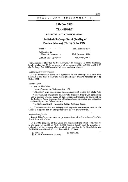 The British Railways Board (Funding of Pension Schemes) (No. 1) Order 1974