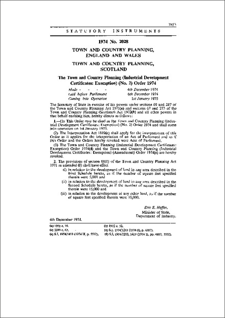 The Town and Country Planning (Industrial Development Certificates: Exemption) (No. 2) Order 1974