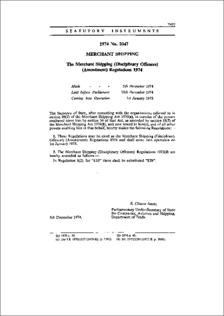 The Merchant Shipping (Disciplinary Offences) (Amendment) Regulations 1974