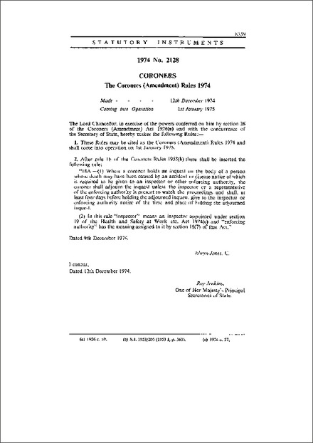 The Coroners (Amendment) Rules 1974