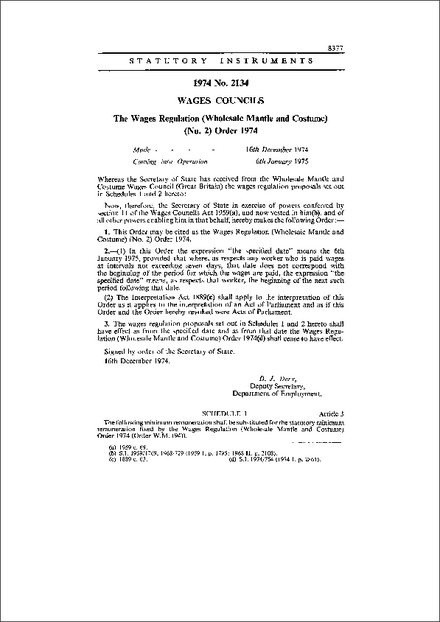 The Wages Regulation (Wholesale Mantle and Costume) (No. 2) Order 1974