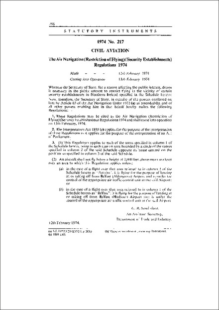 The Air Navigation (Restriction of Flying)(Security Establishments) Regulations 1974