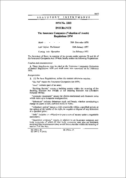 The Insurance Companies (Valuation of Assets) Regulations 1974