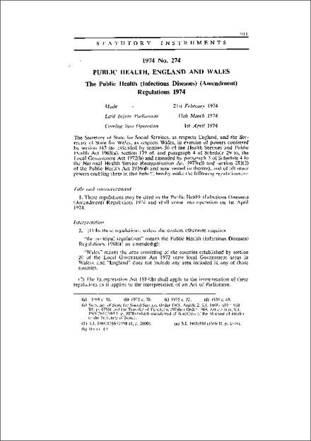 The Public Health (Infectious Diseases) (Amendment) Regulations 1974
