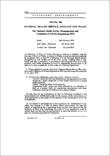 The National Health Service (Remuneration and Conditions of Service) Regulations 1974