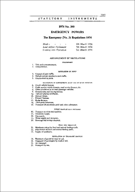 The Emergency (No. 3) Regulations 1974