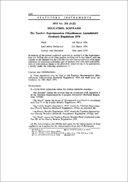 The Teachers Superannuation (Miscellaneous Amendments) (Scotland) Regulations 1974