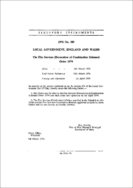 The Fire Services (Revocation of Combination Schemes) Order 1974