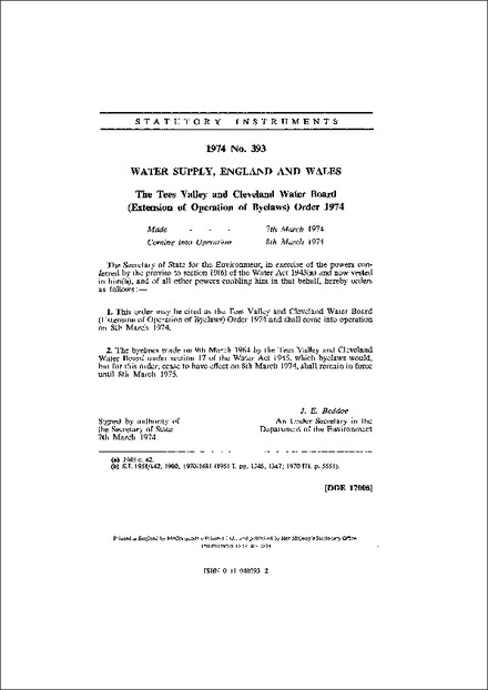 The Tees Valley and Cleveland Water Board (Extension of Operation of Byelaws) Order 1974