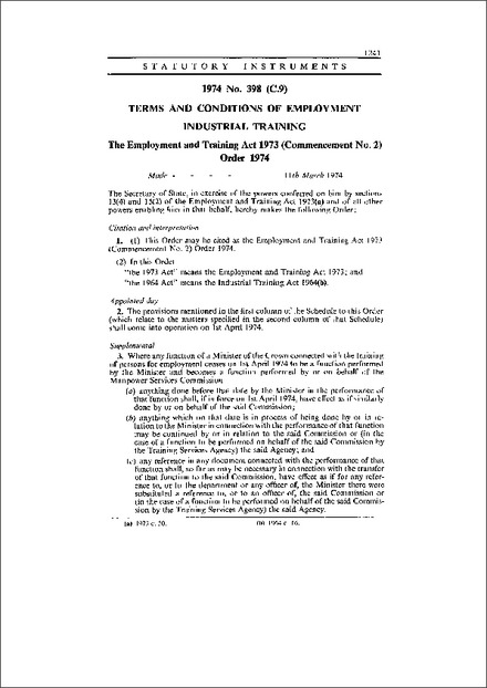 The Employment and Training Act 1973 (Commencement No. 2) Order 1974