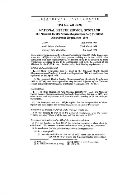 The National Health Service (Superannuation) (Scotland) Amendment Regulations 1974