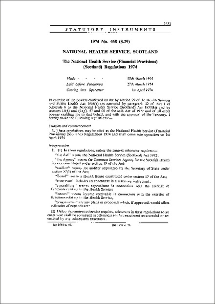 The National Health Service (Financial Provisions) (Scotland) Regulations 1974
