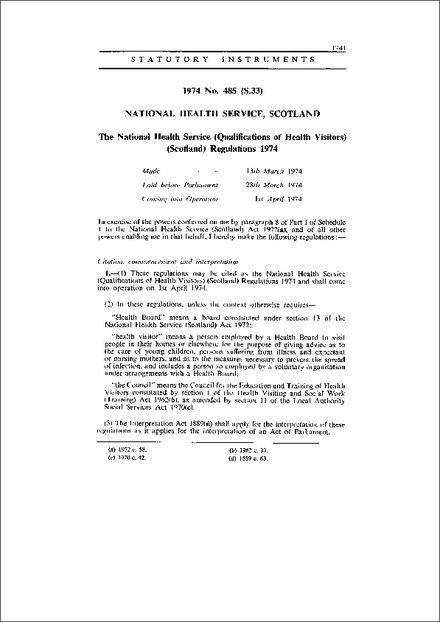 The National Health Service (Qualifications of Health Visitors) (Scotland) Regulations 1974