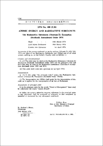 The Radioactive Substances (Thorium-X) Exemption (Scotland) Amendment Order 1974