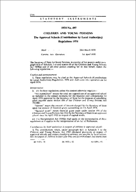 The Approved Schools (Contributions by Local Authorities) Regulations 1974
