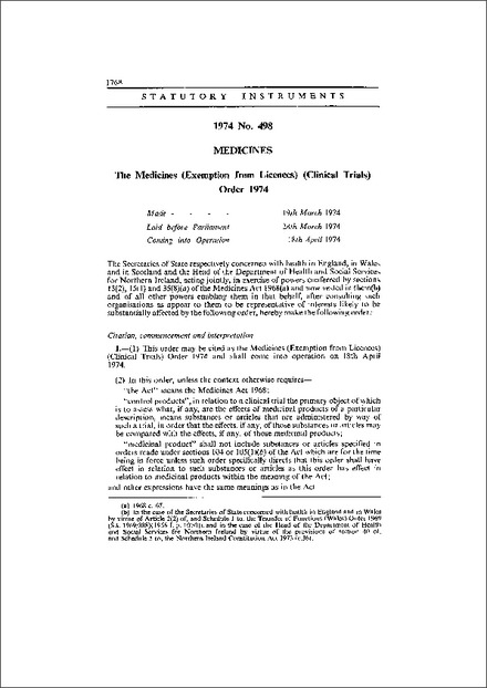 The Medicines (Exemption from Licences) (Clinical Trials) Order 1974