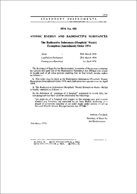 The Radioactive Substances (Hospitals' Waste) Exemption (Amendment) Order 1974
