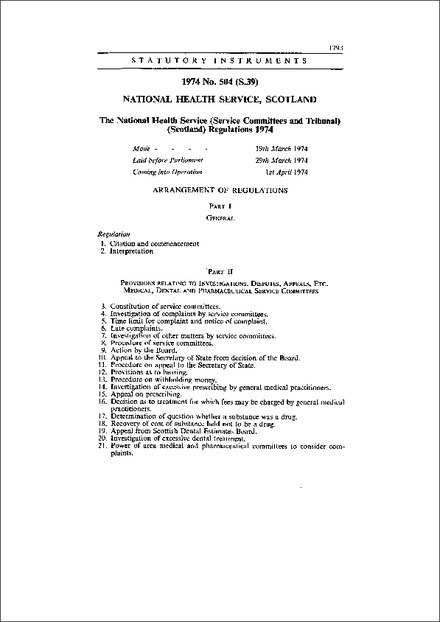 The National Health Service (Service Committees and Tribunal) (Scotland) Regulations 1974