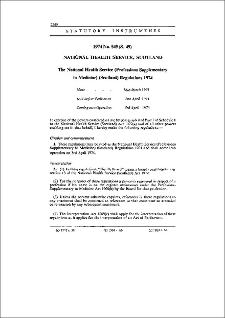 The National Health Service (Professions Supplementary to Medicine) (Scotland) Regulations 1974