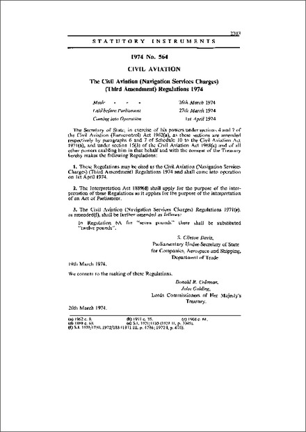 The Civil Aviation (Navigation Services Charges) (Third Amendment) Regulations 1974