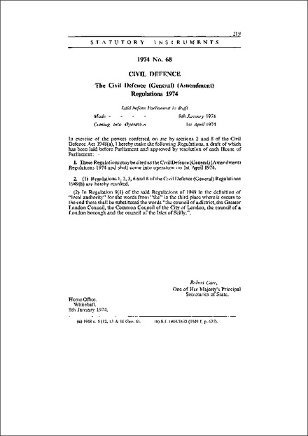 The Civil Defence (General) (Amendment) Regulations 1974