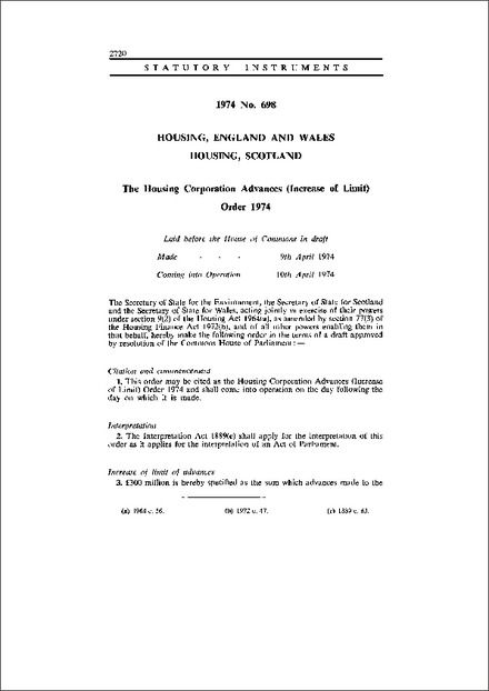 The Housing Corporation Advances (Increase of Limit) Order 1974