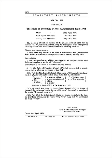 The Rules of Procedure (Army) (Amendment) Rules 1974
