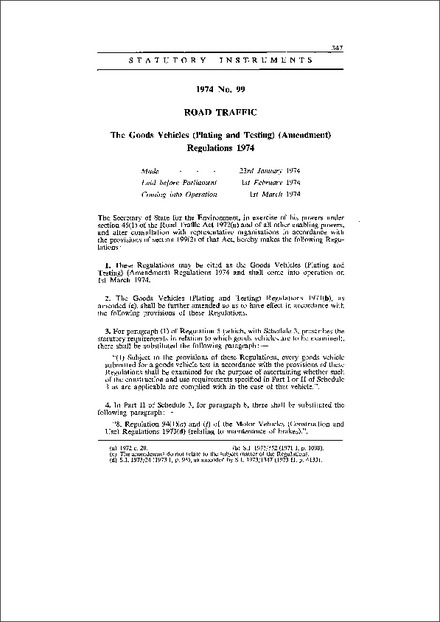 The Goods Vehicles (Plating and Testing) (Amendment) Regulations 1974
