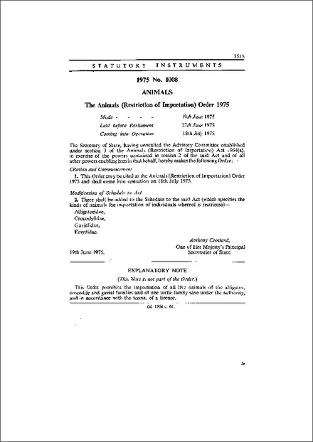 The Animals (Restriction of Importation) Order 1975