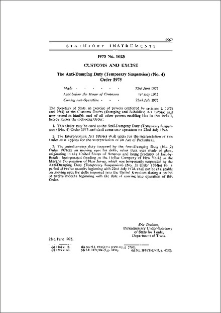 The Anti-Dumping Duty (Temporary Suspension) (No. 4) Order 1975