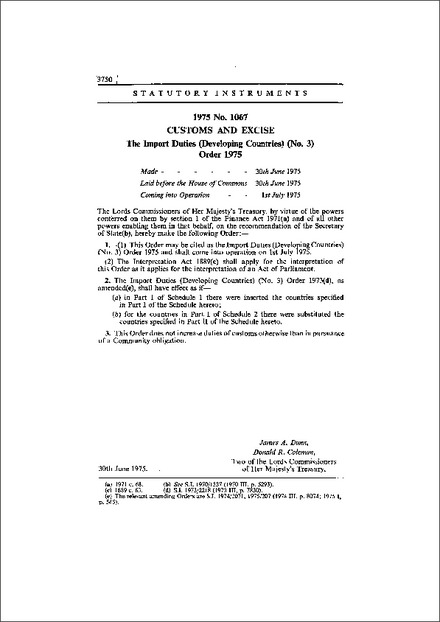 The Import Duties (Developing Countries) (No. 3) Order 1975