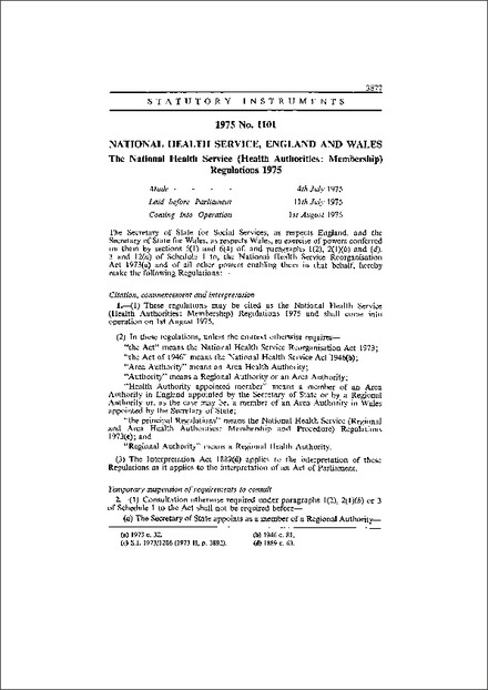 The National Health Service (Health Authorities: Membership) Regulations 1975