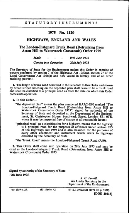 The London-Fishguard Trunk Road (Detrunking from Aston Hill to Waterstock Crossroads) Order 1975