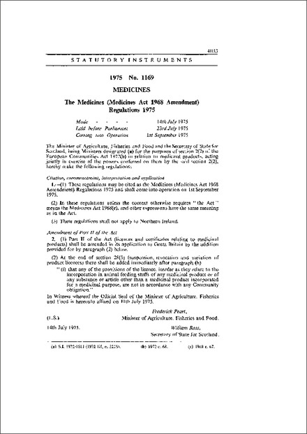 The Medicines (Medicines Act 1968 Amendment) Regulations 1975