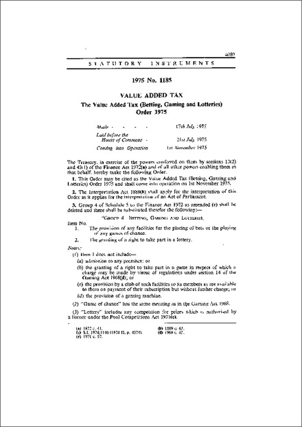 The Value Added Tax (Betting, Gaming and Lotteries) Order 1975