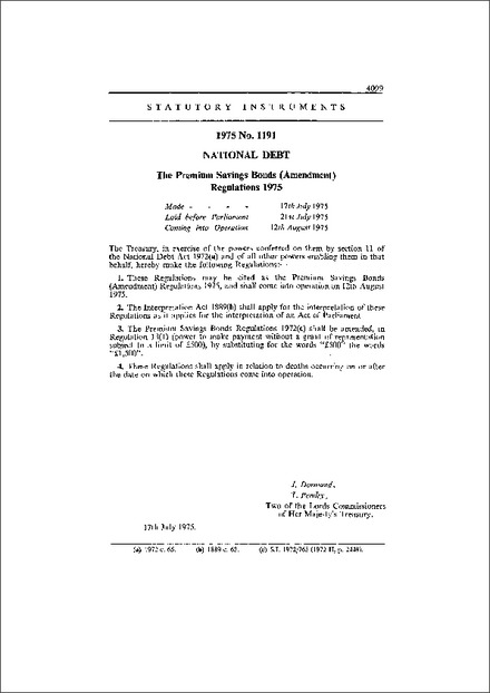 The Premium Savings Bonds (Amendment) Regulations 1975