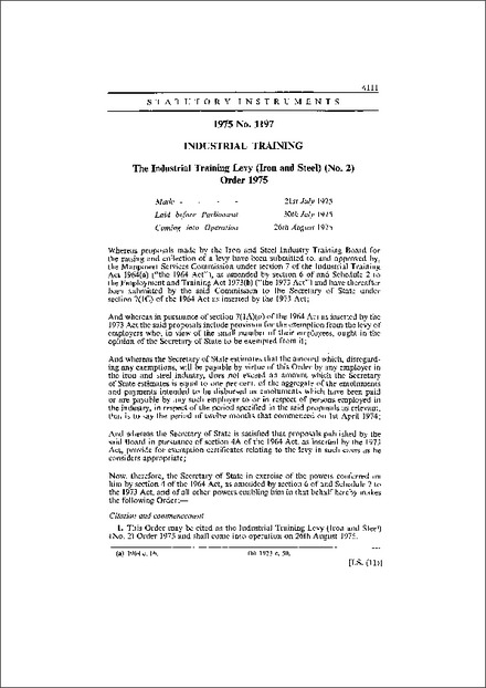 The Industrial Training Levy (Iron and Steel) (No. 2) Order 1975