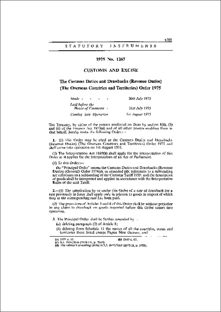 The Customs Duties and Drawbacks (Revenue Duties) (The Overseas Countries and Territories) Order 1975