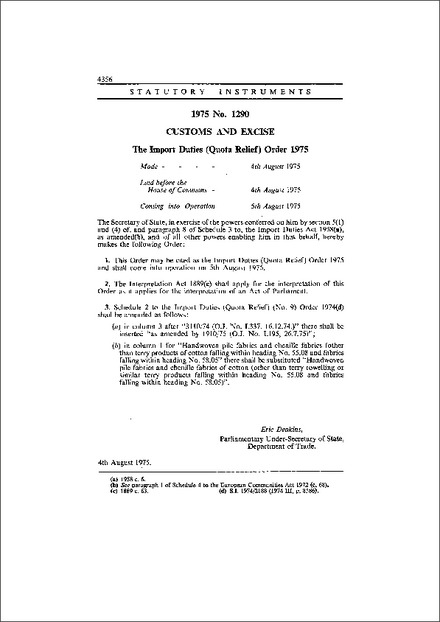 The Import Duties (Quota Relief) Order 1975