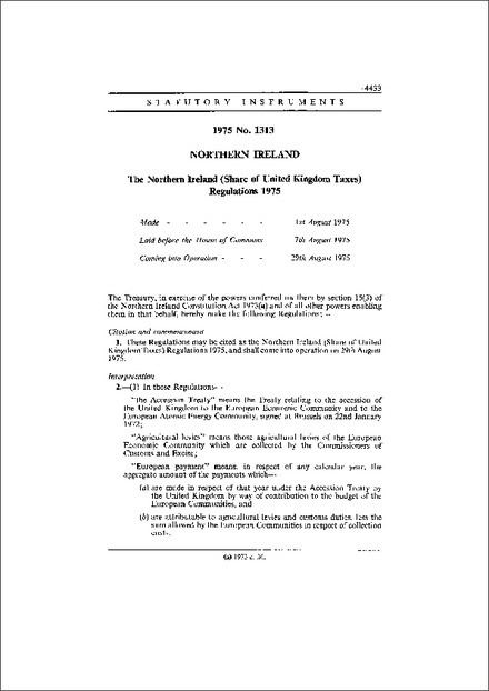 The Northern Ireland (Share of United Kingdom Taxes) Regulations 1975