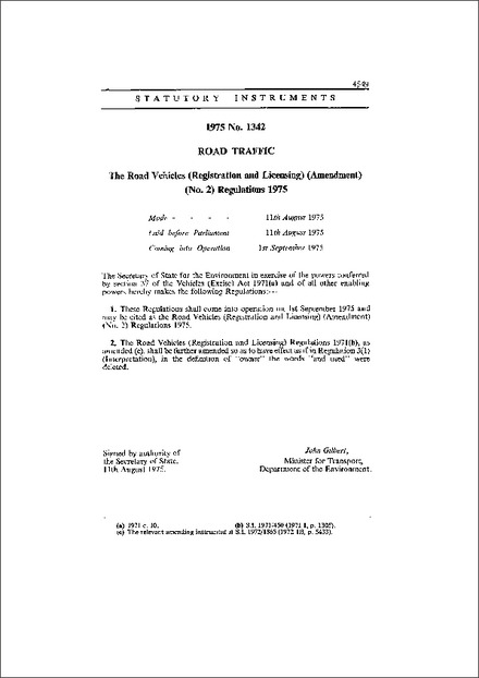 The Road Vehicles (Registration and Licensing) (Amendment) (No. 2) Regulations 1975