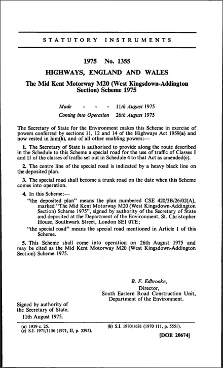 The Mid Kent Motorway M20 (West Kingsdown-Addington Section) Scheme 1975
