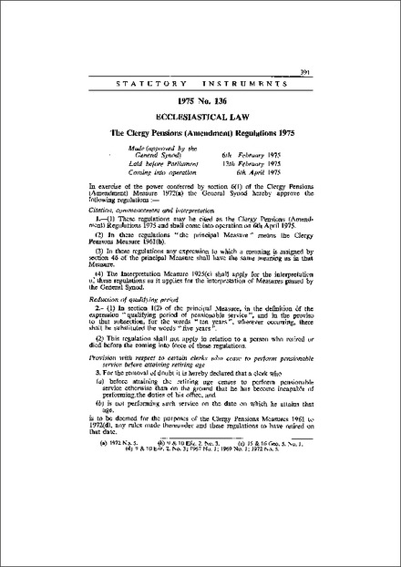 The Clergy Pensions (Amendment) Regulations 1975