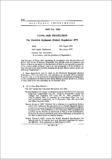 The Electrical Equipment (Safety) Regulations 1975