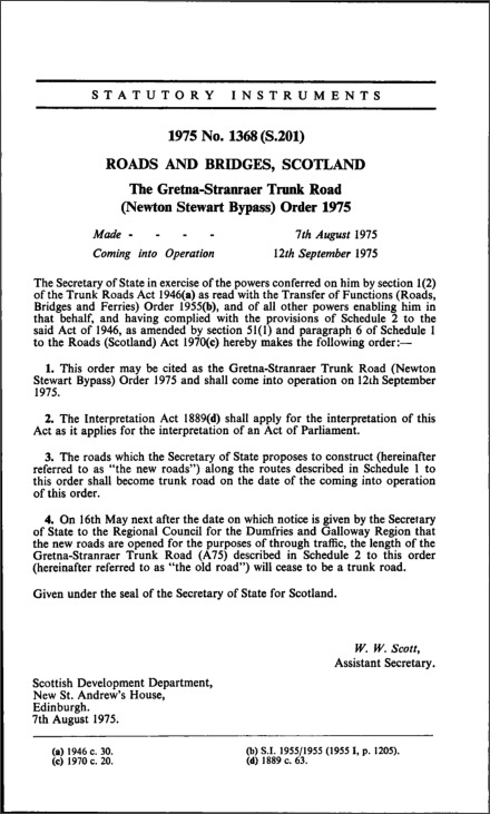 The Gretna-Stranraer Trunk Road (Newton Stewart Bypass) Order 1975