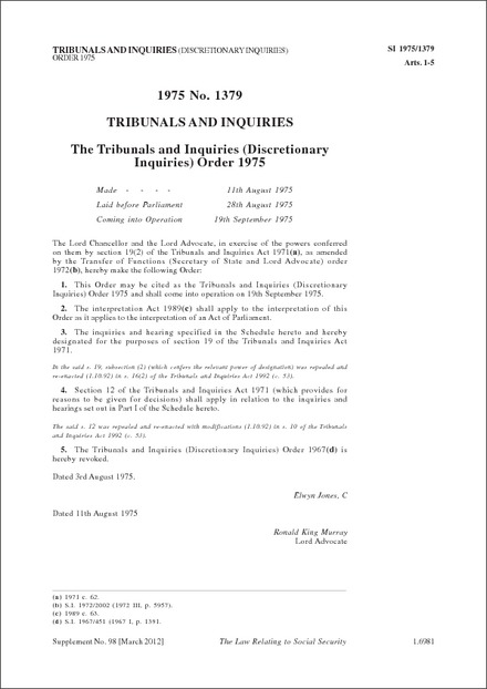The Tribunals and Inquiries (Discretionary Inquiries) Order 1975